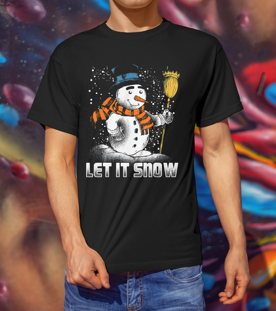 Let It Snow Snowman With Orange Scarf And Broom T-Shirt