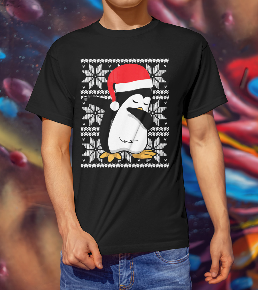 Ugly Christmas Dabbing Penguin Santa Hat Snowflake T-Shirt