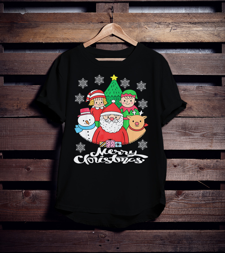 Merry Christmas Santa Claus Elf Snowman Reindeer Tree T-Shirt