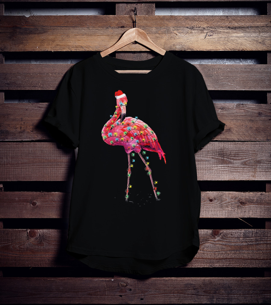 Cute Pink Flamingo Christmas Lights Santa Hat T-Shirt