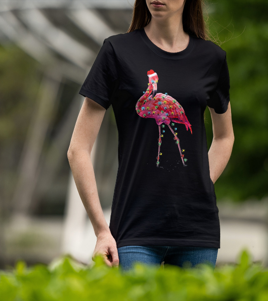 Cute Pink Flamingo Christmas Lights Santa Hat T-Shirt