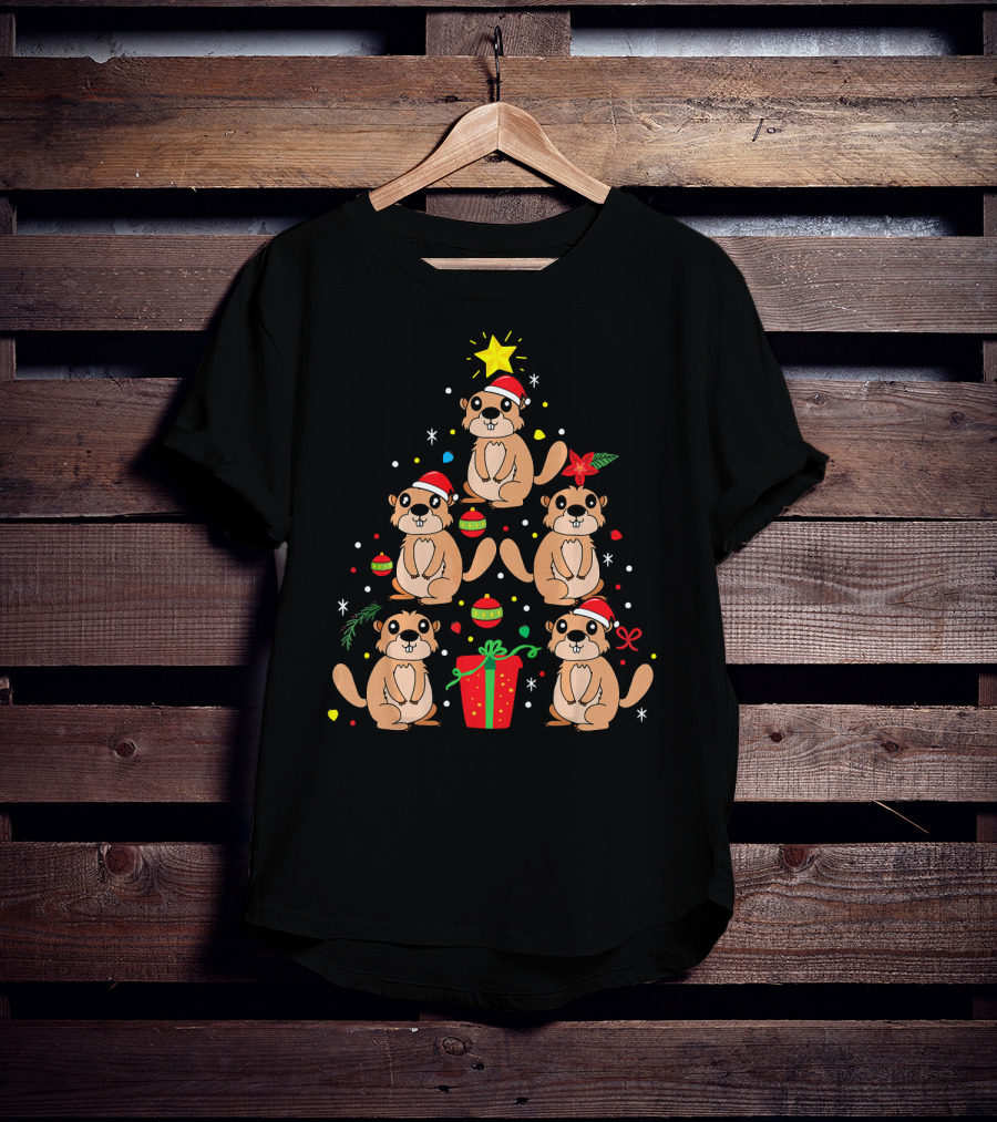 Groundhog Christmas Ornament Tree With Santa Hats And Gift T-Shirt