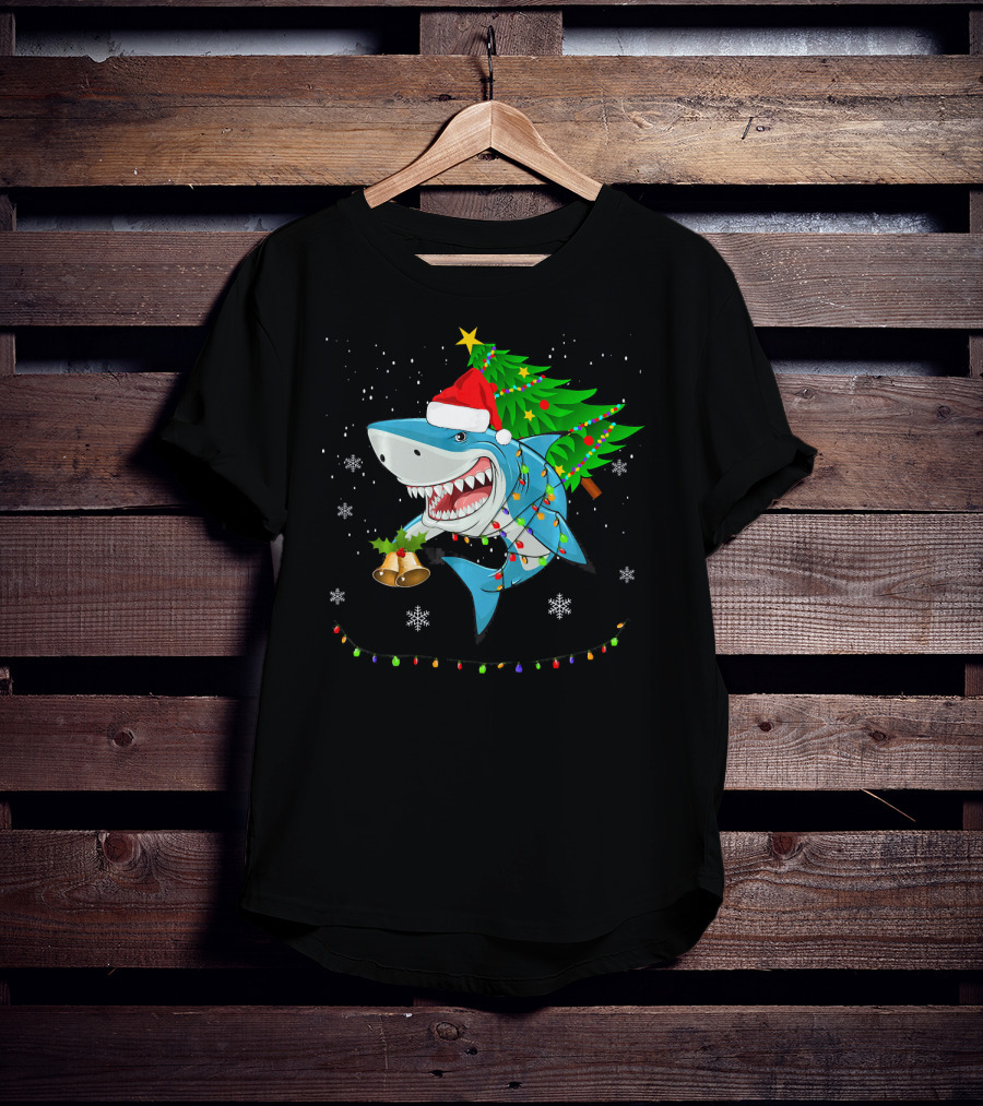 Shark Christmas Tree Santa Hat Holiday Lights Snowflakes T-Shirt