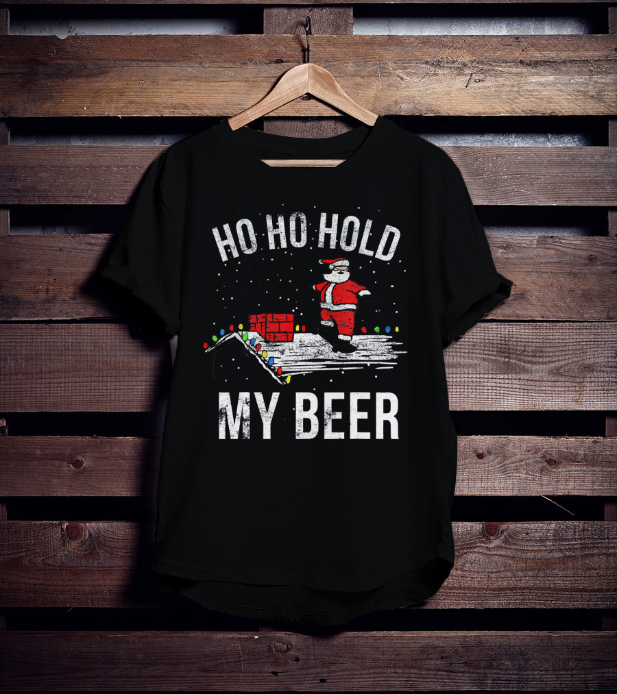 Ho Ho Hold My Beer Santa Skateboarding On Roof With Lights T-Shirt