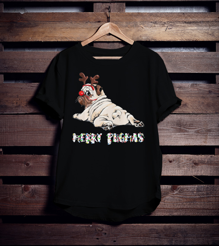 Merry Pugmas Christmas Reindeer Pug With Festive Lights For Dog Love T-Shirt