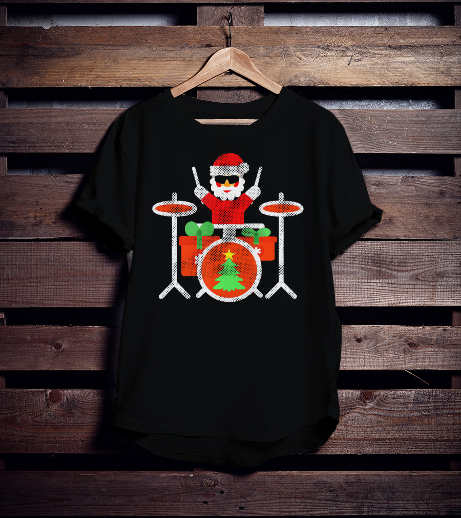 Funny Drummer Santa Christmas Drum Set With Gifts And Tree T-Shirt