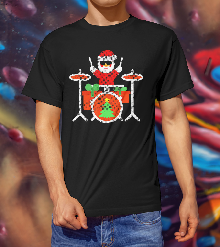 Funny Drummer Santa Christmas Drum Set With Gifts And Tree T-Shirt