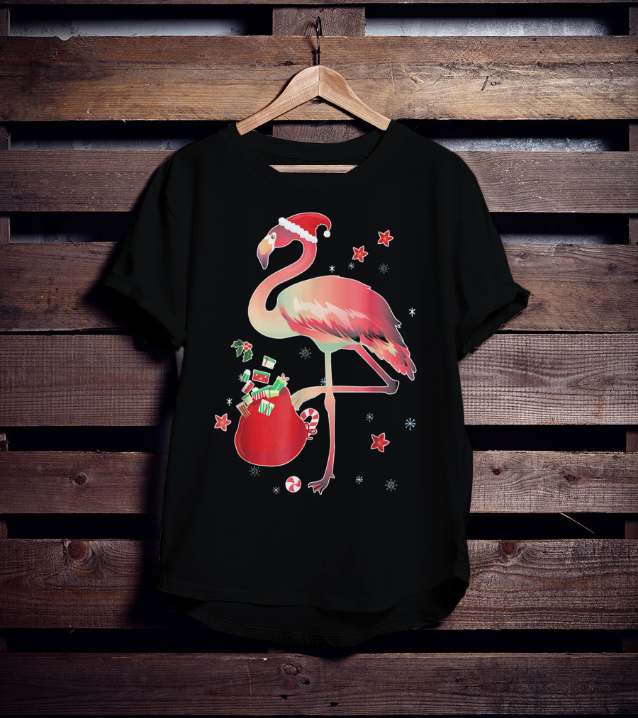 Ugly Christmas Funny Pink Flamingo With Santa Hat And Holiday Gift Bag T-Shirt