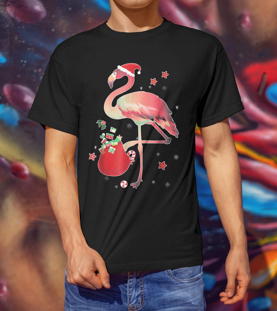 Ugly Christmas Funny Pink Flamingo With Santa Hat And Holiday Gift Bag T-Shirt