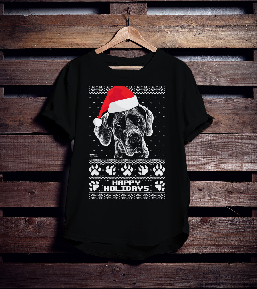 Great Dane Happy Holidays Santa Hat Paw Prints T-Shirt
