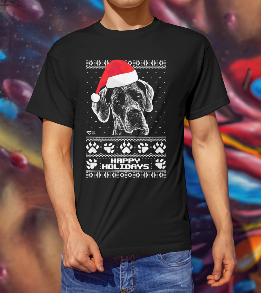 Great Dane Happy Holidays Santa Hat Paw Prints T-Shirt