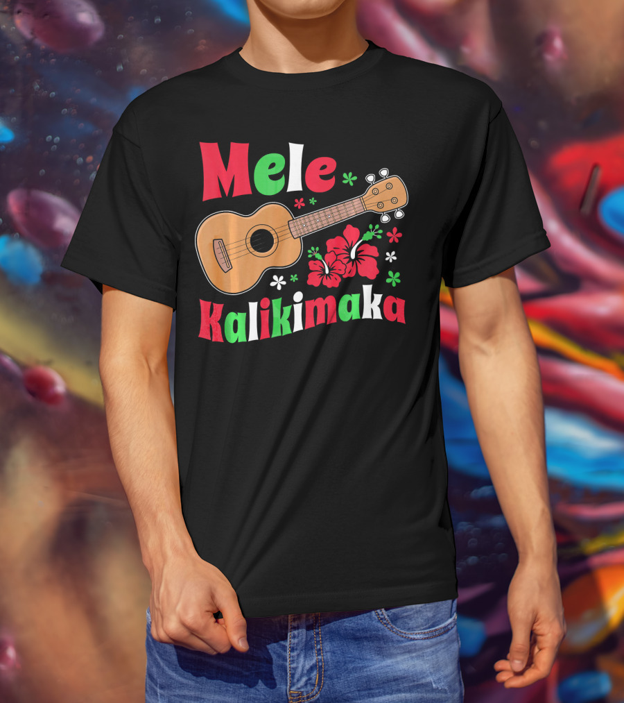 Mele Kalikimaka Ukulele Hibiscus Hawai Christmas T-Shirt