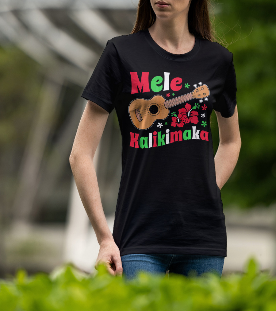 Mele Kalikimaka Ukulele Hibiscus Hawai Christmas T-Shirt