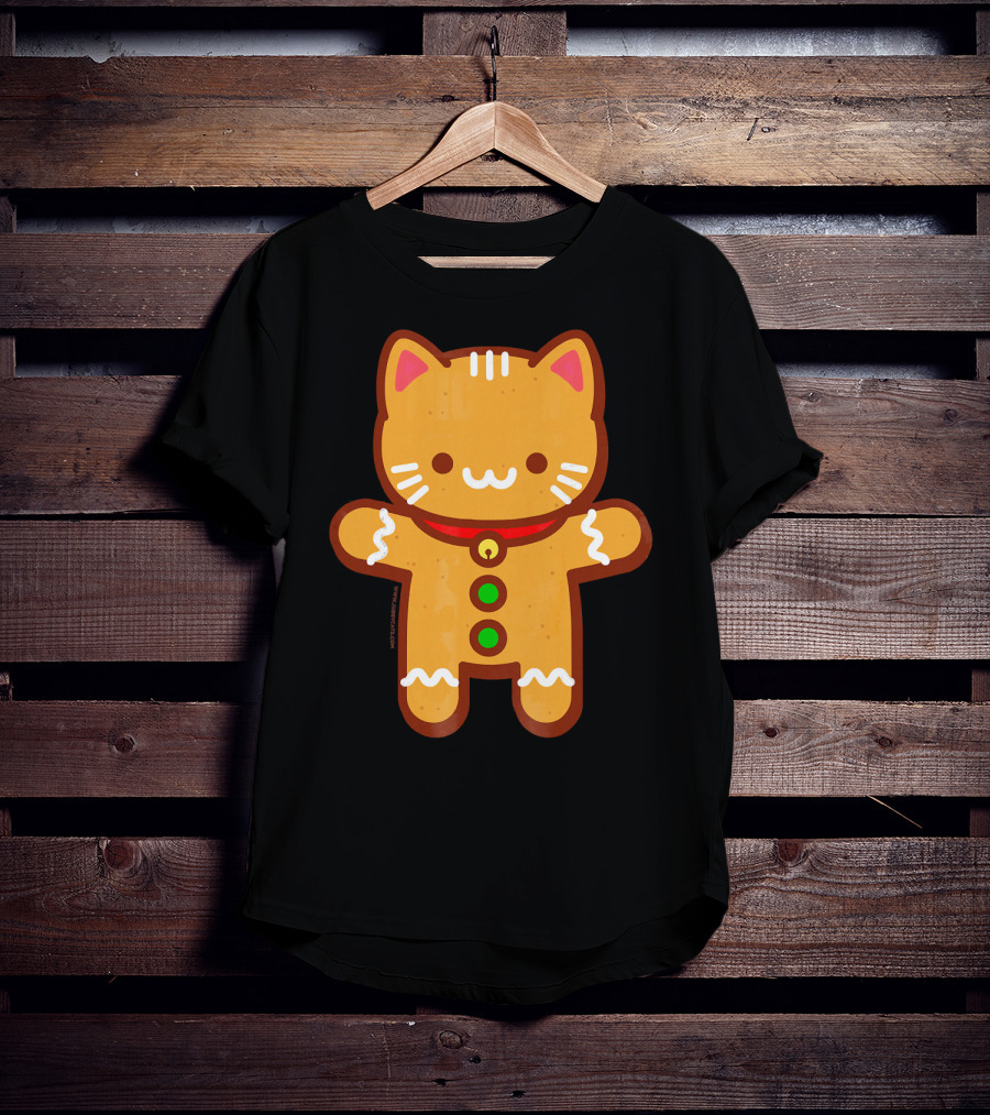 Cute Gingerbread Cat With Whiskers And Red Collar T-Shirt