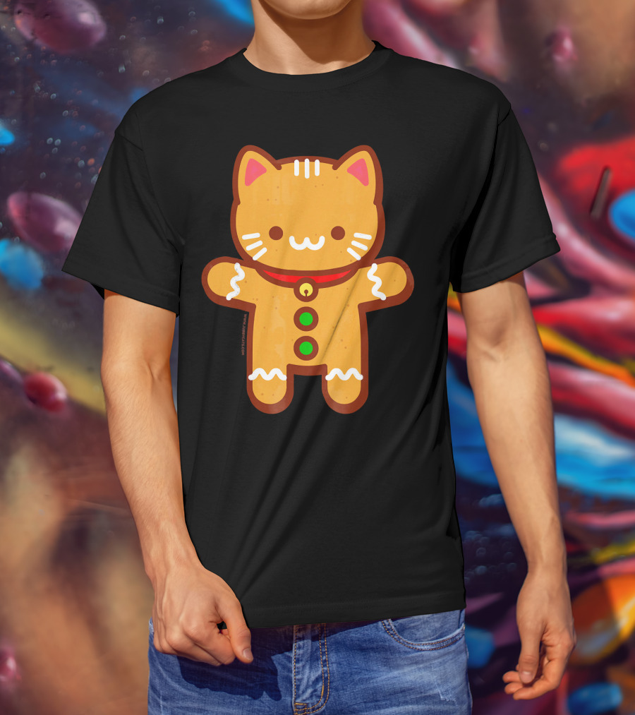 Cute Gingerbread Cat With Whiskers And Red Collar T-Shirt