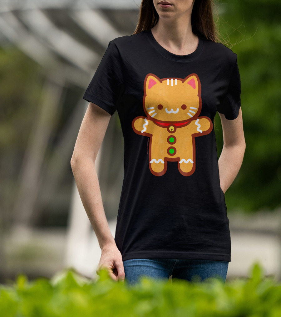 Cute Gingerbread Cat With Whiskers And Red Collar T-Shirt