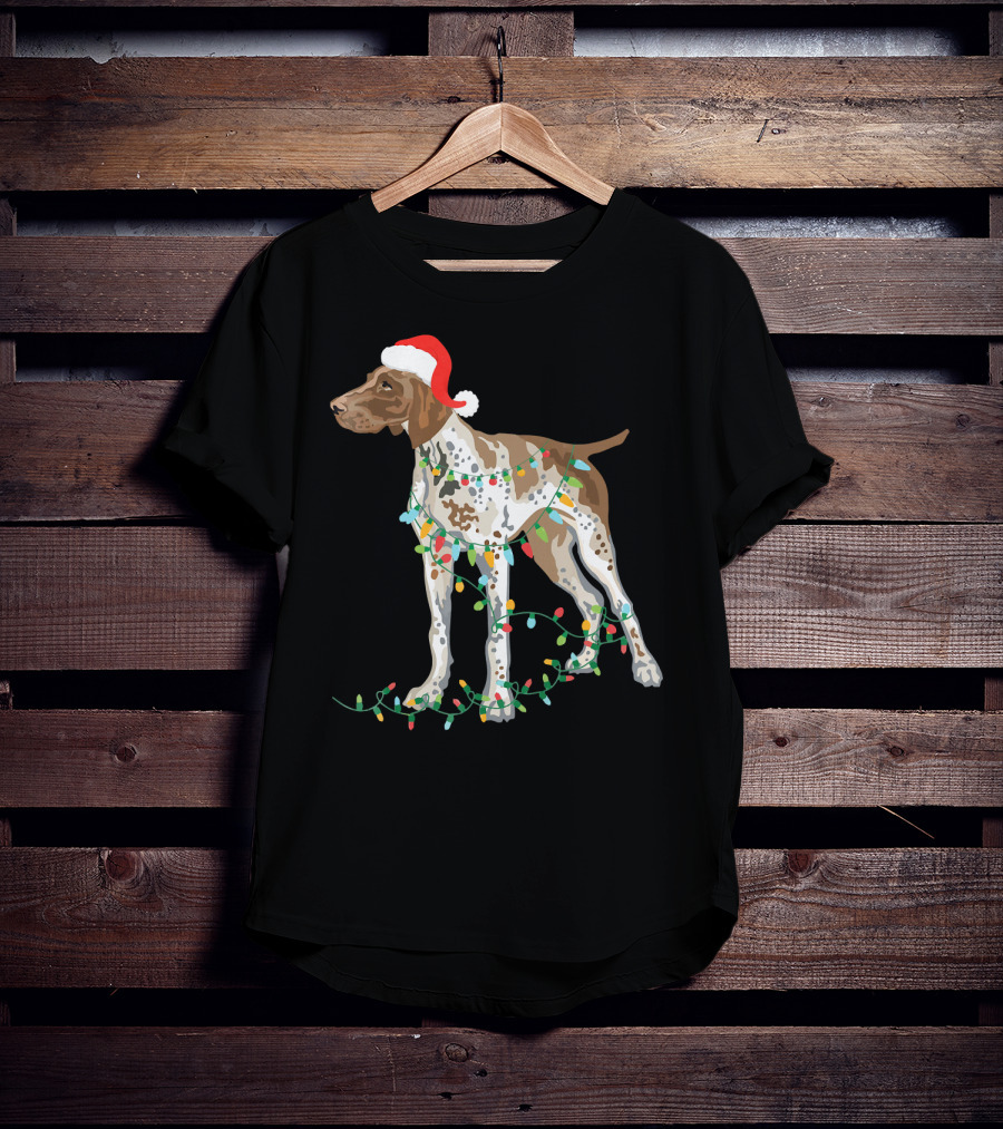 German Shorthaired Pointer Wearing Santa Hat With Christmas Lights Entwined T-Shirt