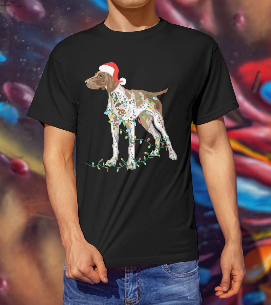 German Shorthaired Pointer Wearing Santa Hat With Christmas Lights Entwined T-Shirt