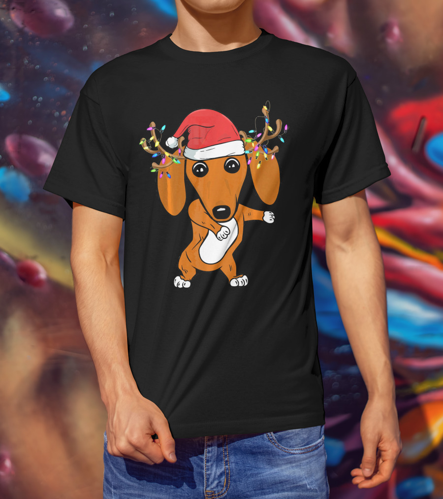 Dabbing Dachshund With Santa Hat And Reindeer Antlers T-Shirt