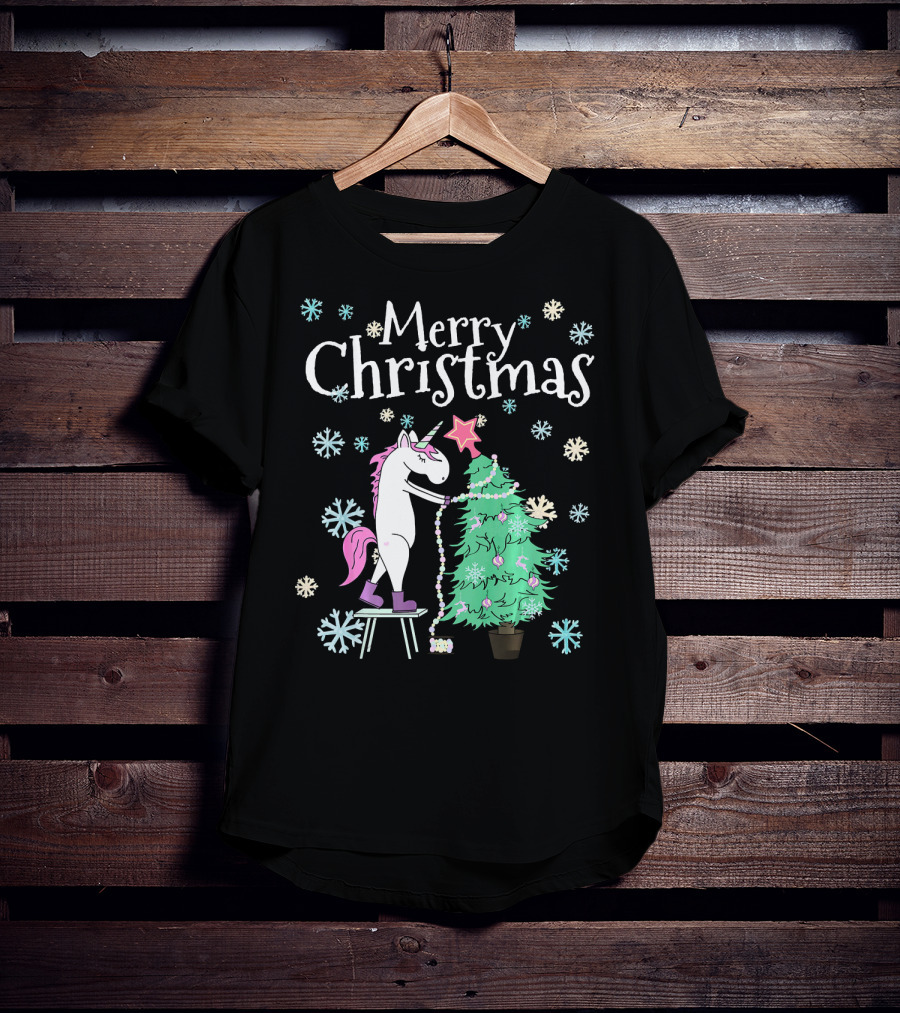 Merry Christmas Funny Unicorn Decorating Christmas Tree T-Shirt