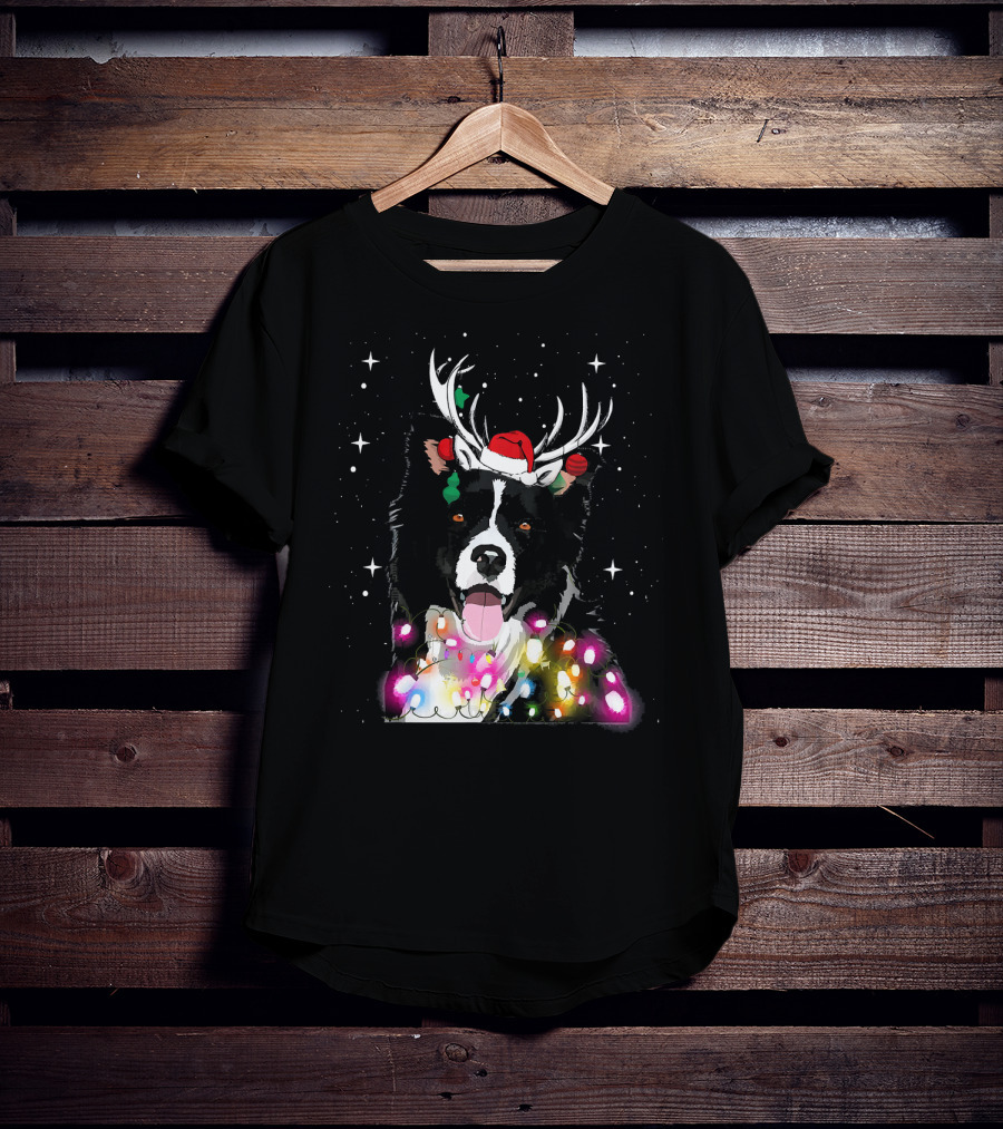 Border Collie In Santa Hat With Reindeer Antlers And Christmas Lights T-Shirt