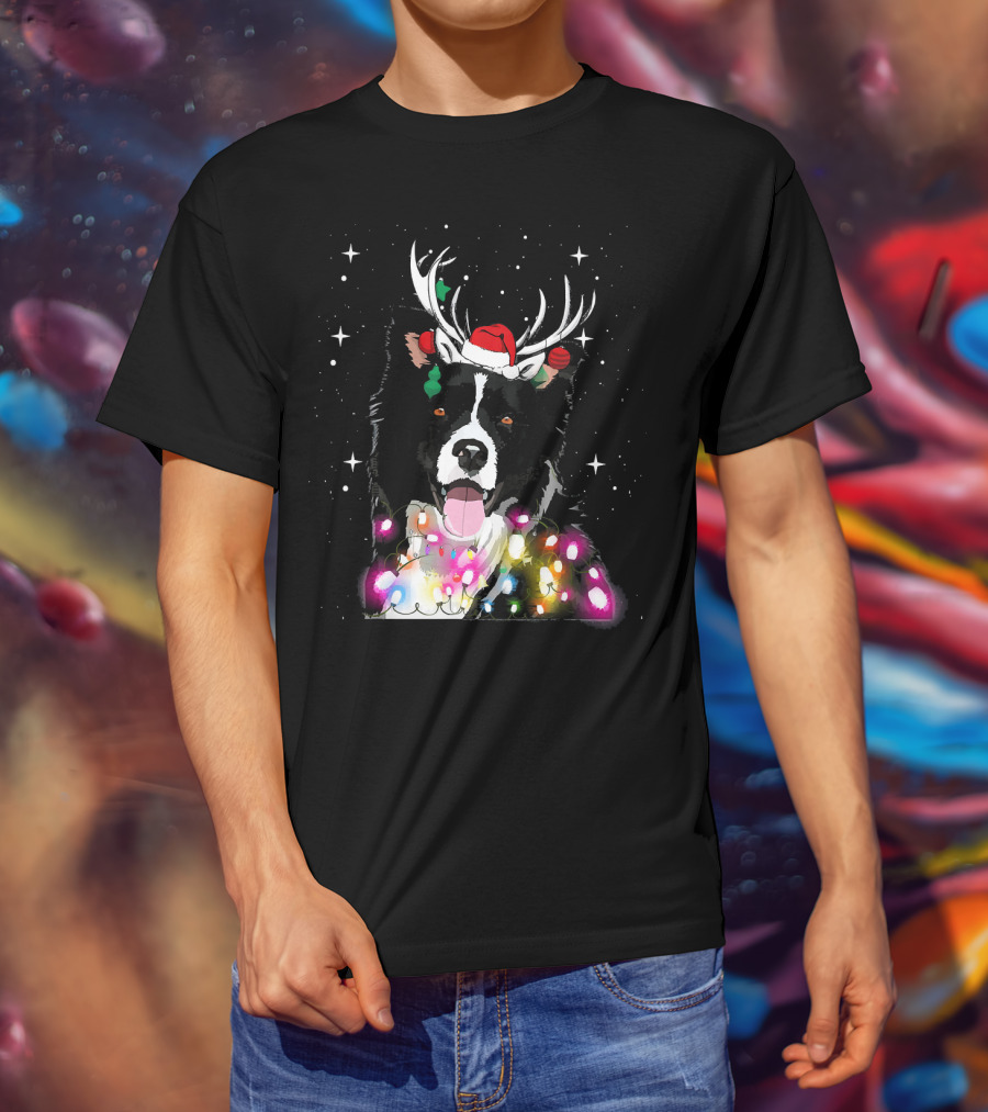 Border Collie In Santa Hat With Reindeer Antlers And Christmas Lights T-Shirt