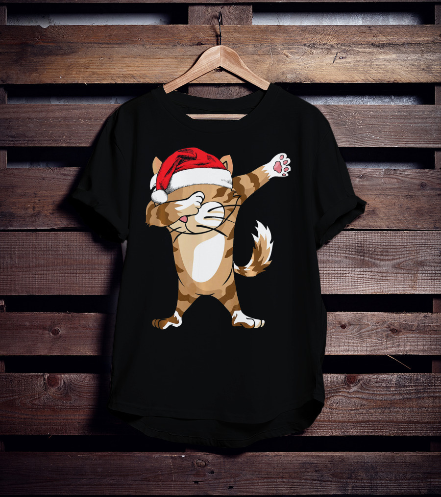 Santa Hat Dabbing Cat Christmas Holiday Fun T-Shirt