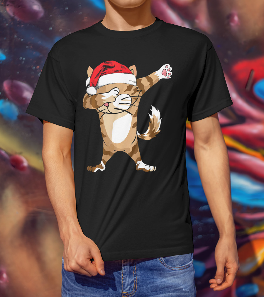Santa Hat Dabbing Cat Christmas Holiday Fun T-Shirt
