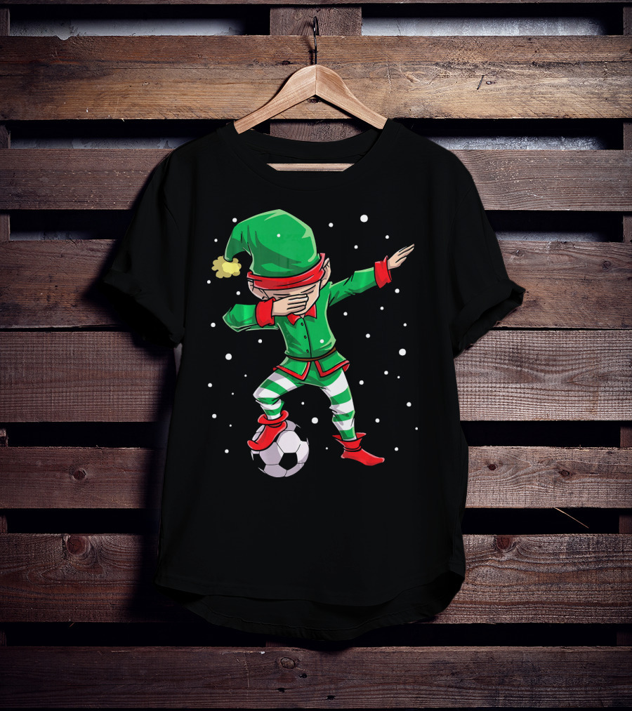 Christmas Soccer Dabbing Elf Kicking Ball In Snowy Scene T-Shirt