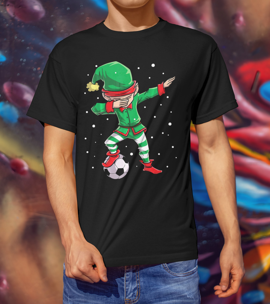 Christmas Soccer Dabbing Elf Kicking Ball In Snowy Scene T-Shirt