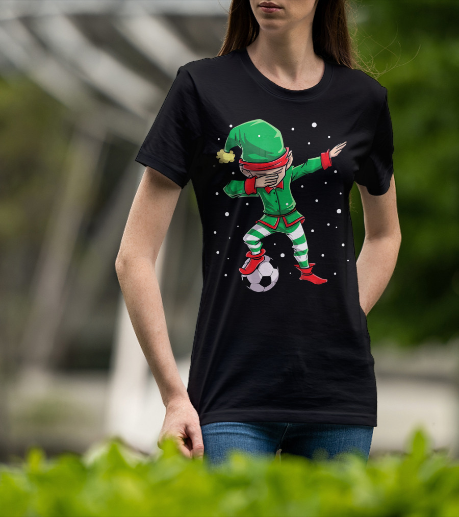 Christmas Soccer Dabbing Elf Kicking Ball In Snowy Scene T-Shirt