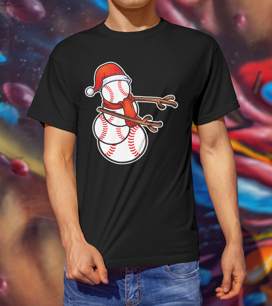 Santa Hat Snowman Made Of Baseballs Flossing T-Shirt