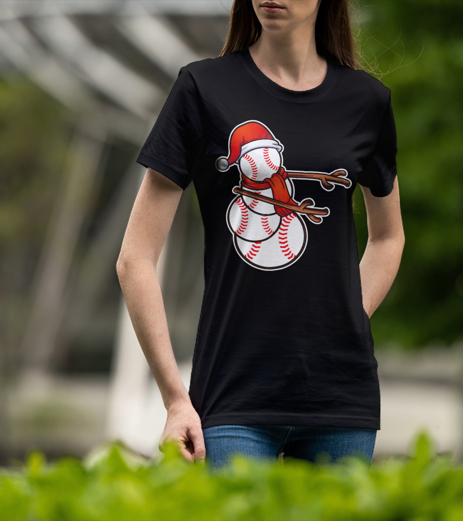 Santa Hat Snowman Made Of Baseballs Flossing T-Shirt