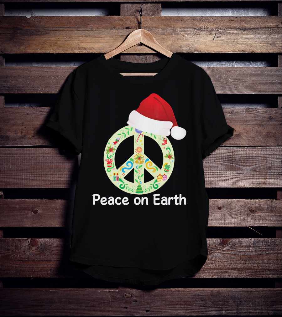 Peace On Earth Santa Hat Christmas Peace Sign T-Shirt