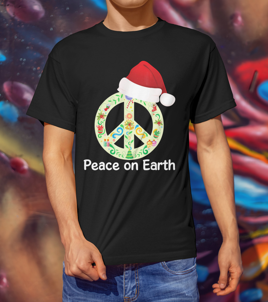 Peace On Earth Santa Hat Christmas Peace Sign T-Shirt