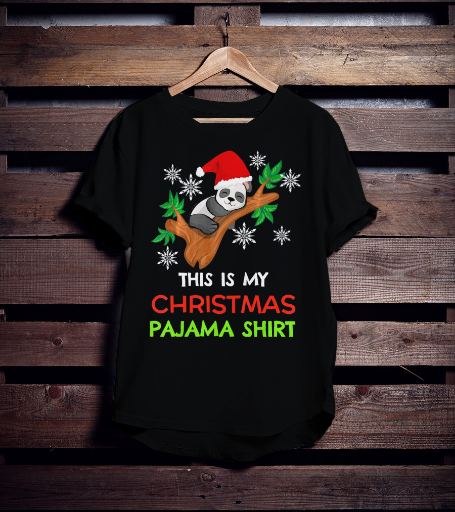 This Is My Christmas Pajama Shirt Panda Santa Hat Snowflakes T-Shirt