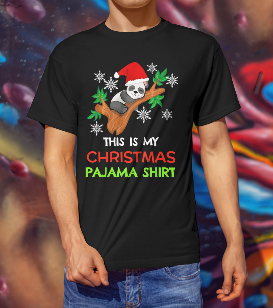 This Is My Christmas Pajama Shirt Panda Santa Hat Snowflakes T-Shirt