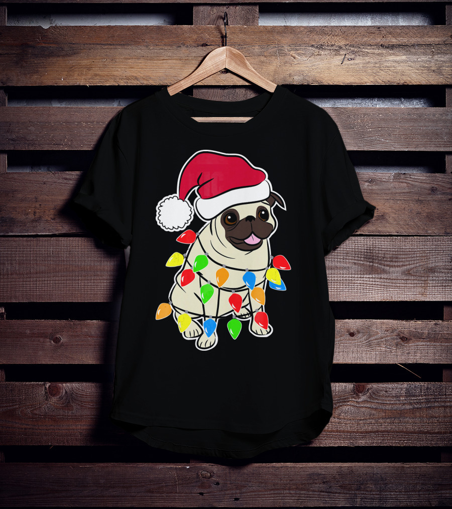 Christmas Pug Santa Pug With Festive Lights And Santa Hat T-Shirt