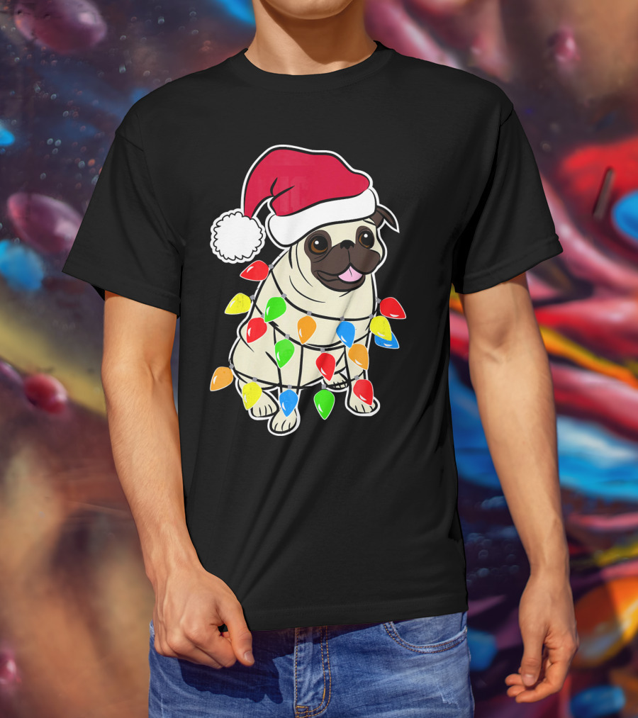 Christmas Pug Santa Pug With Festive Lights And Santa Hat T-Shirt