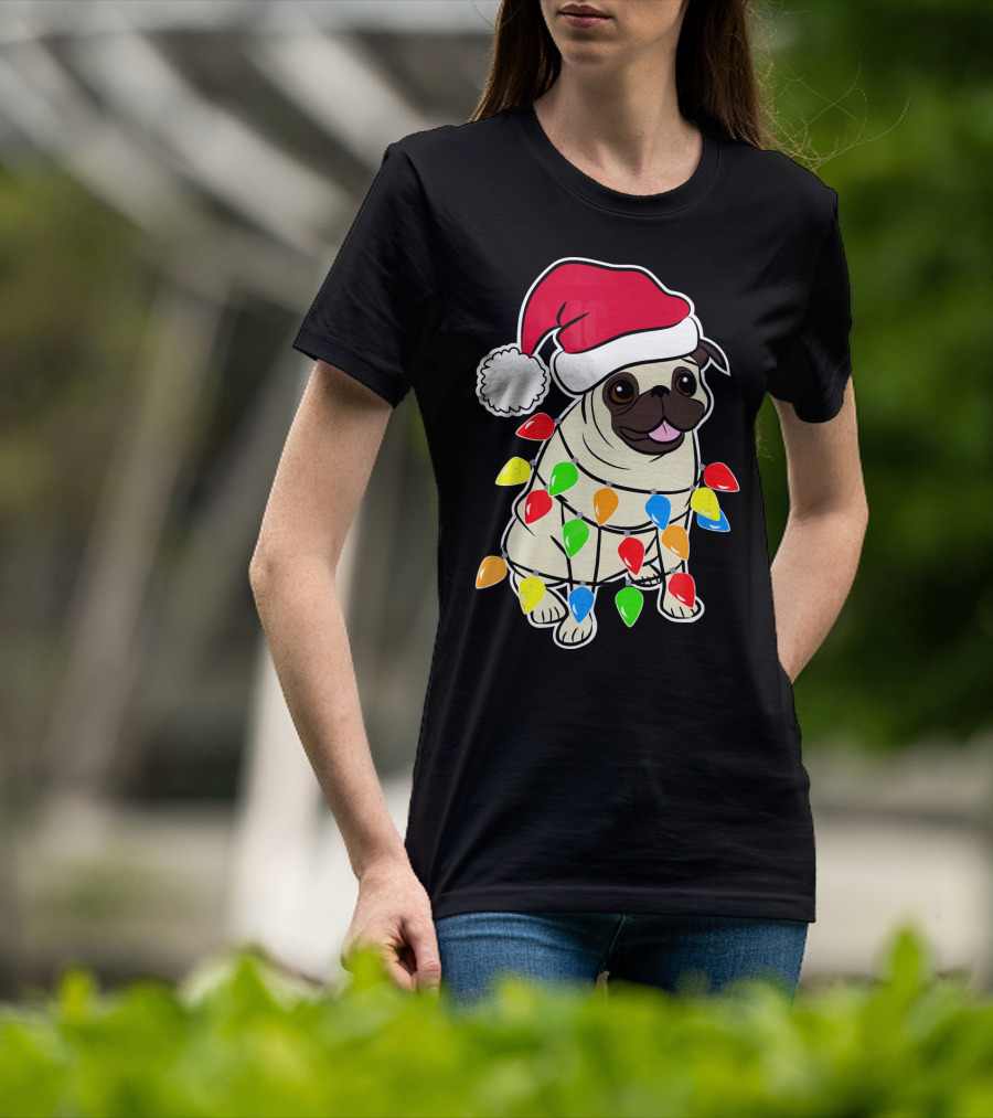 Christmas Pug Santa Pug With Festive Lights And Santa Hat T-Shirt