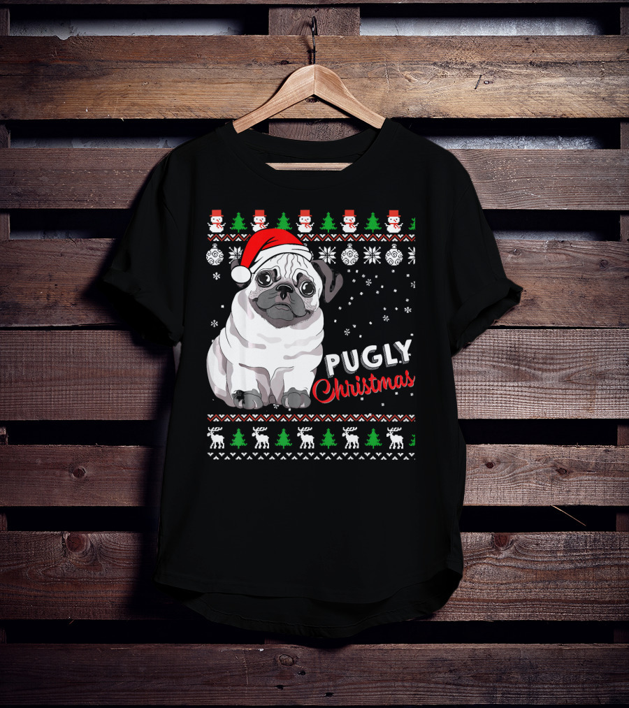 Pugly Christmas Santa Hat Snowflakes Ugly T-Shirt