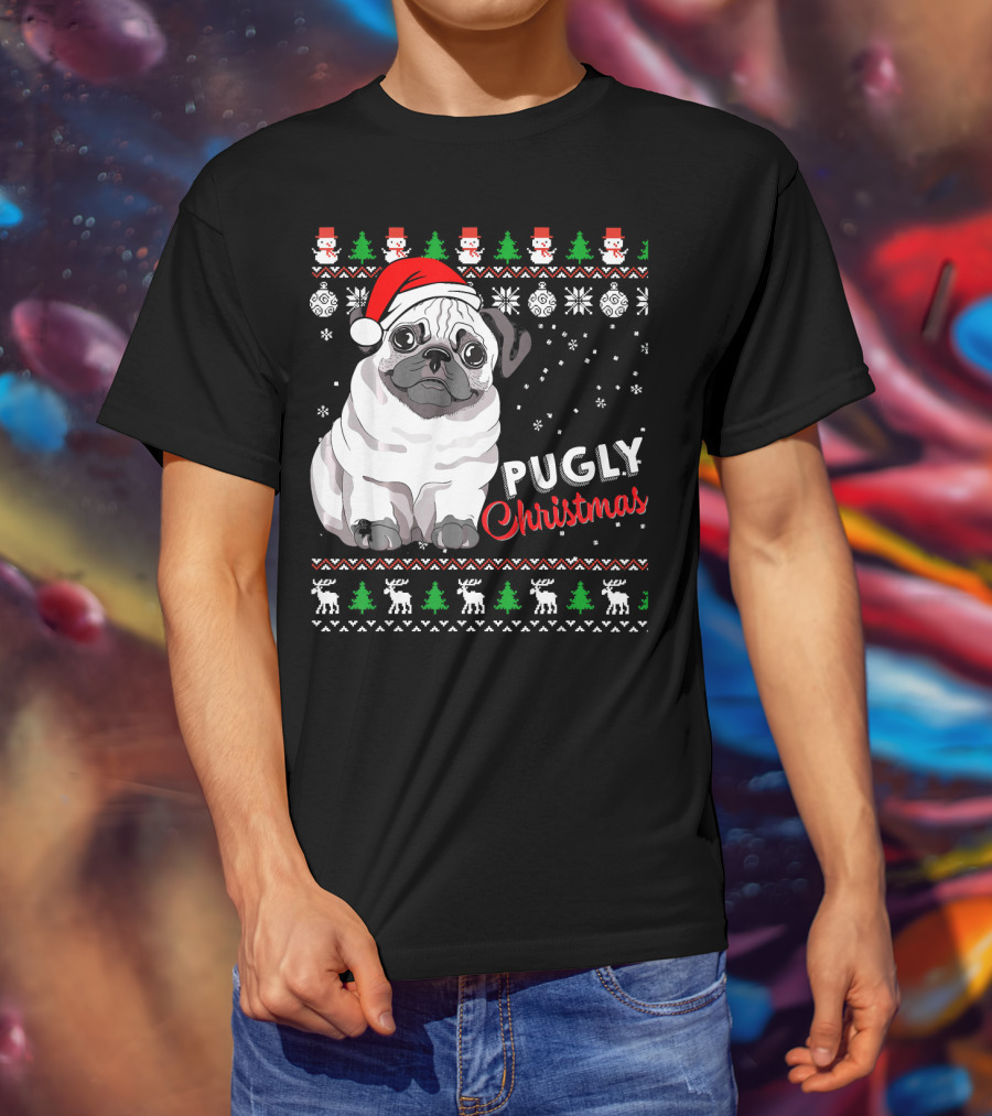 Pugly Christmas Santa Hat Snowflakes Ugly T-Shirt