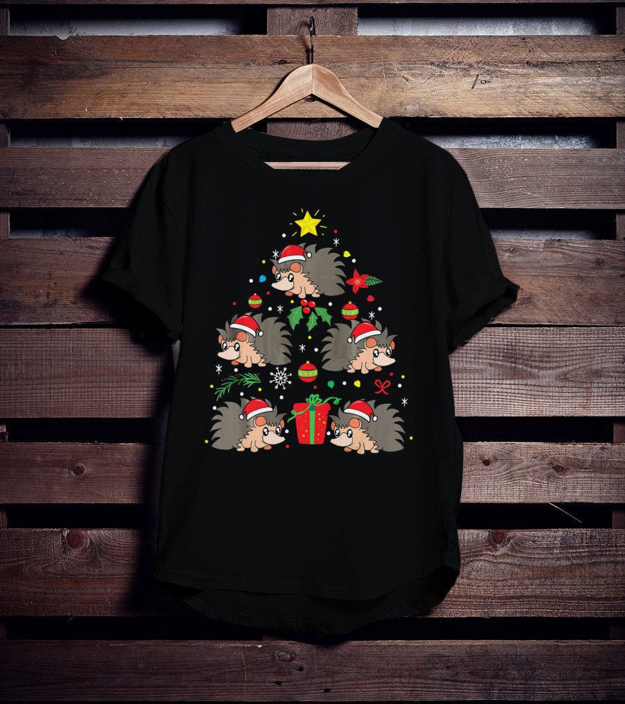 Santa Hat Hedgehog Christmas Tree With Ornaments And Gift T-Shirt
