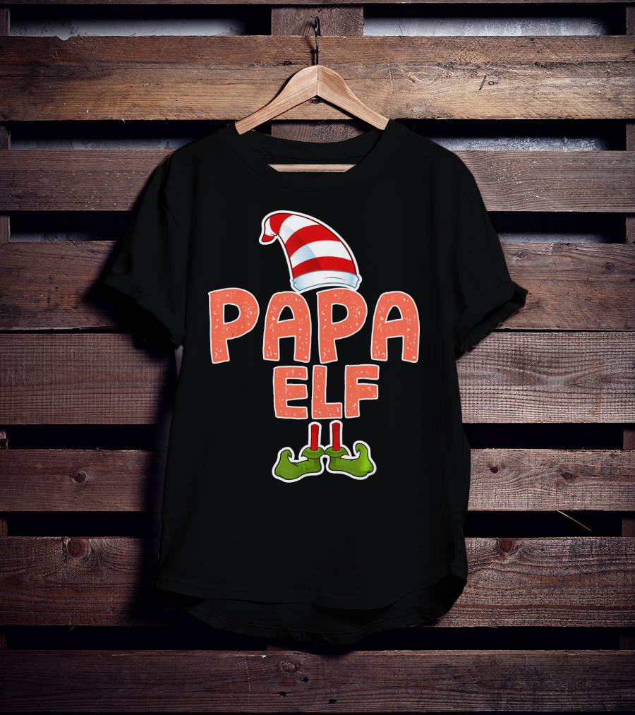 Papa Elf Funny Merry Christmas Striped Hat And Green Shoes T-Shirt