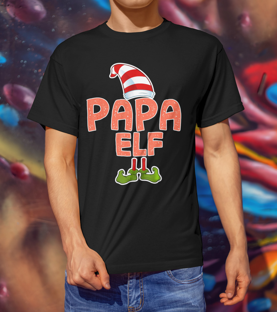 Papa Elf Funny Merry Christmas Striped Hat And Green Shoes T-Shirt