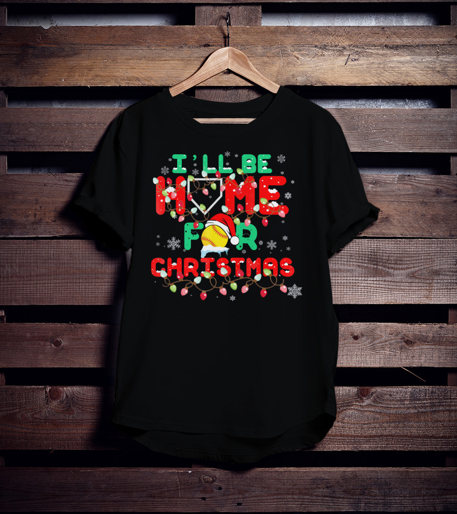 I'll Be Home For Christmas Xmas Funny Baseball Santa Hat Snowflakes Lights T-Shirt
