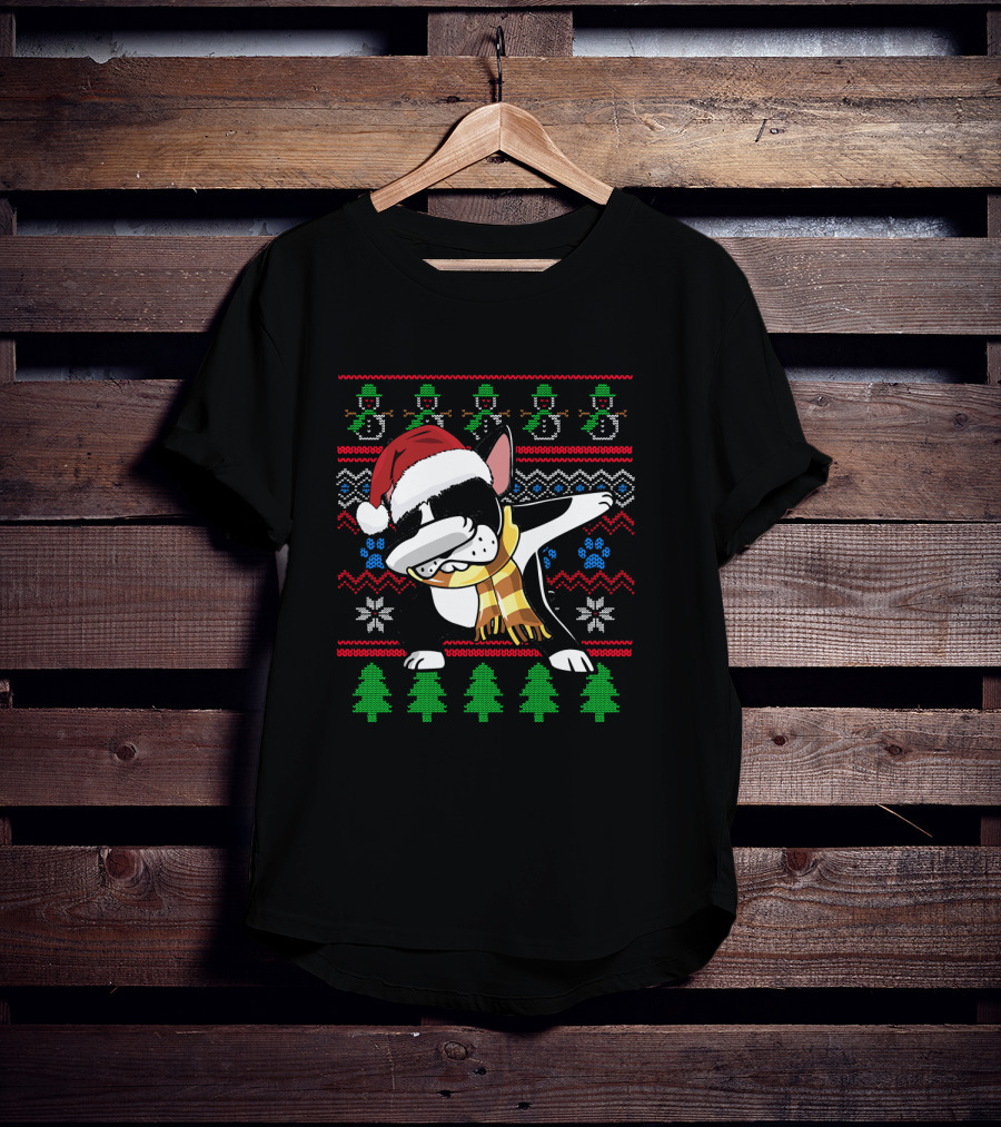 Boston Terrier Dabbing Santa Hat UglyStyl Christmas Sweater Snowmen Trees T-Shirt