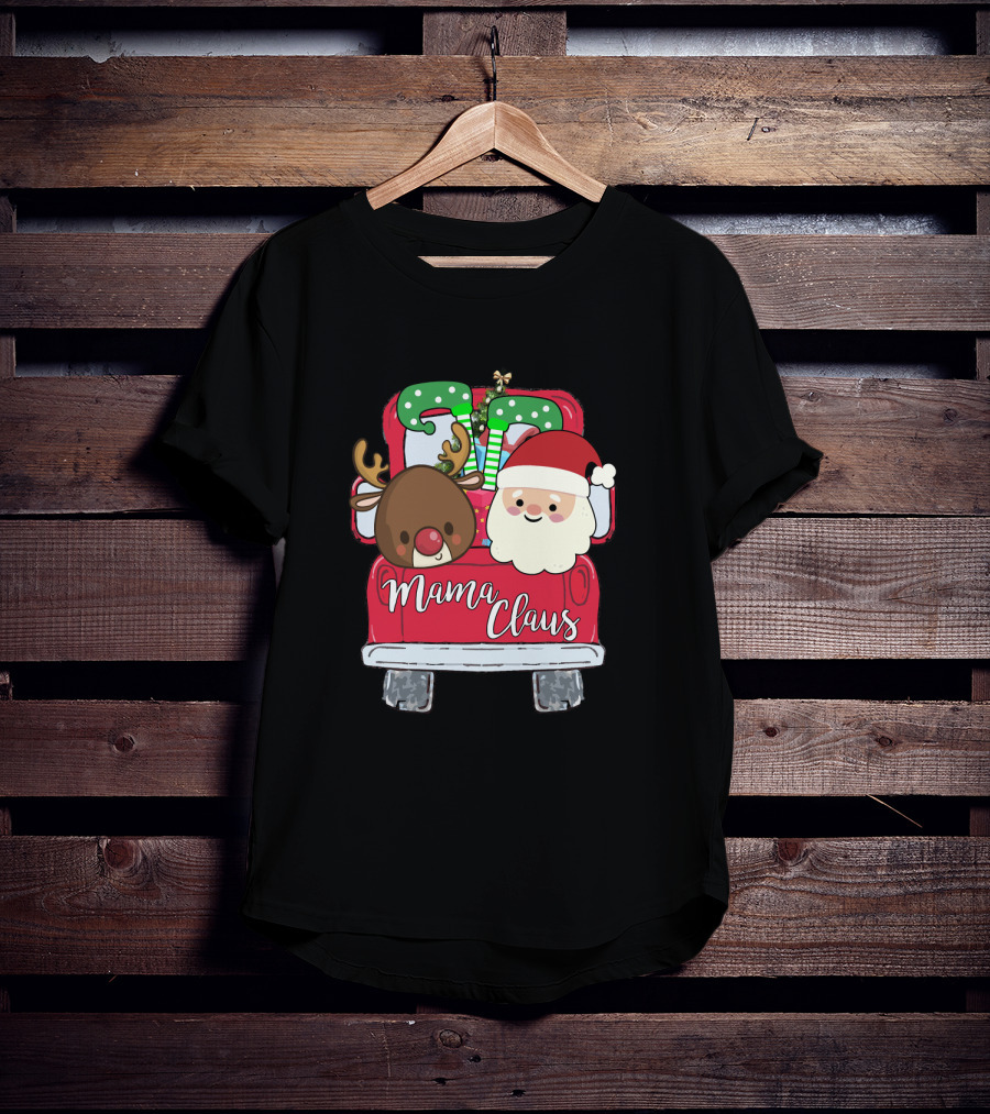 Mama Claus Funny Christmas Car With Santa And Reindeer T-Shirt