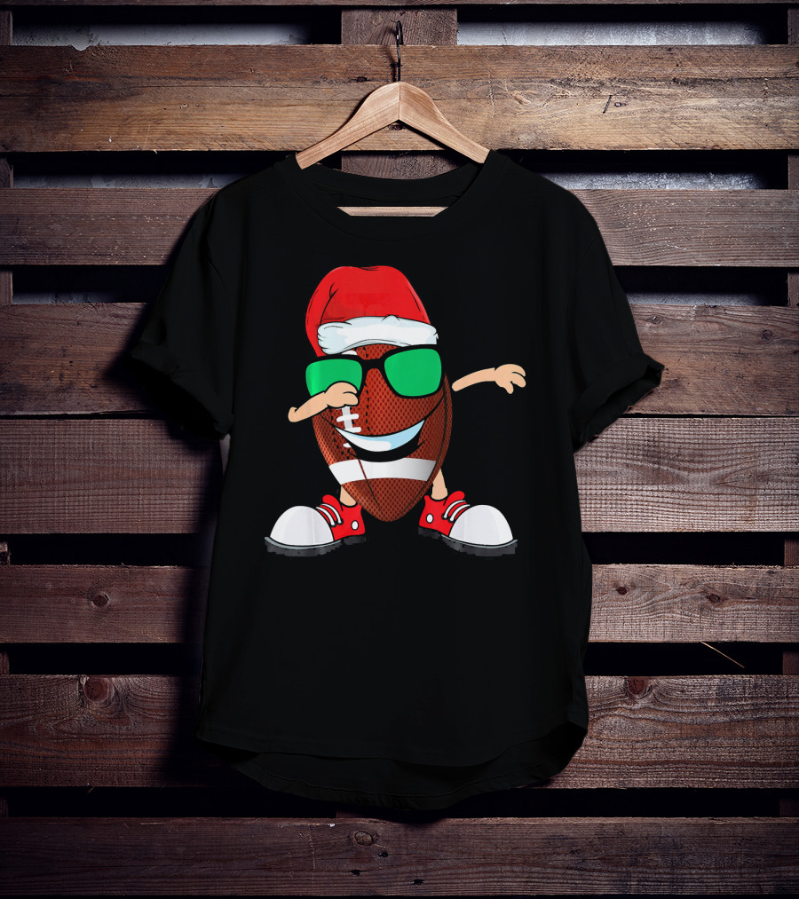 Dabbing Football Wearing Santa Hat With Green Sunglasses And Red Sneakers T-Shirt