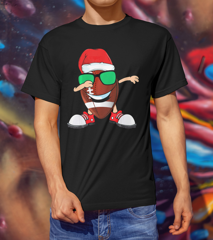 Dabbing Football Wearing Santa Hat With Green Sunglasses And Red Sneakers T-Shirt